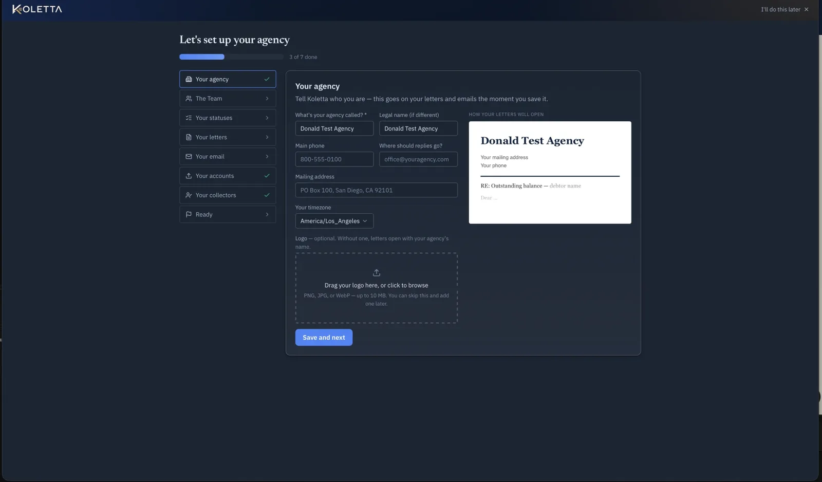 The setup wizard’s Your agency step: name, phone, reply address, mailing address, timezone and logo, with a preview of how letters will open