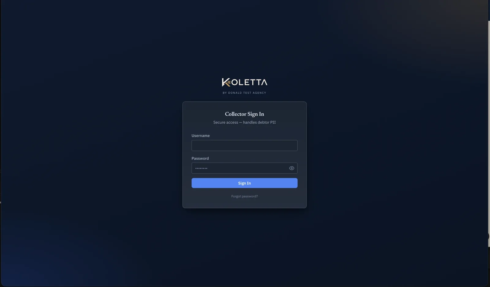 The collector sign-in screen, with the agency’s name under the Koletta mark